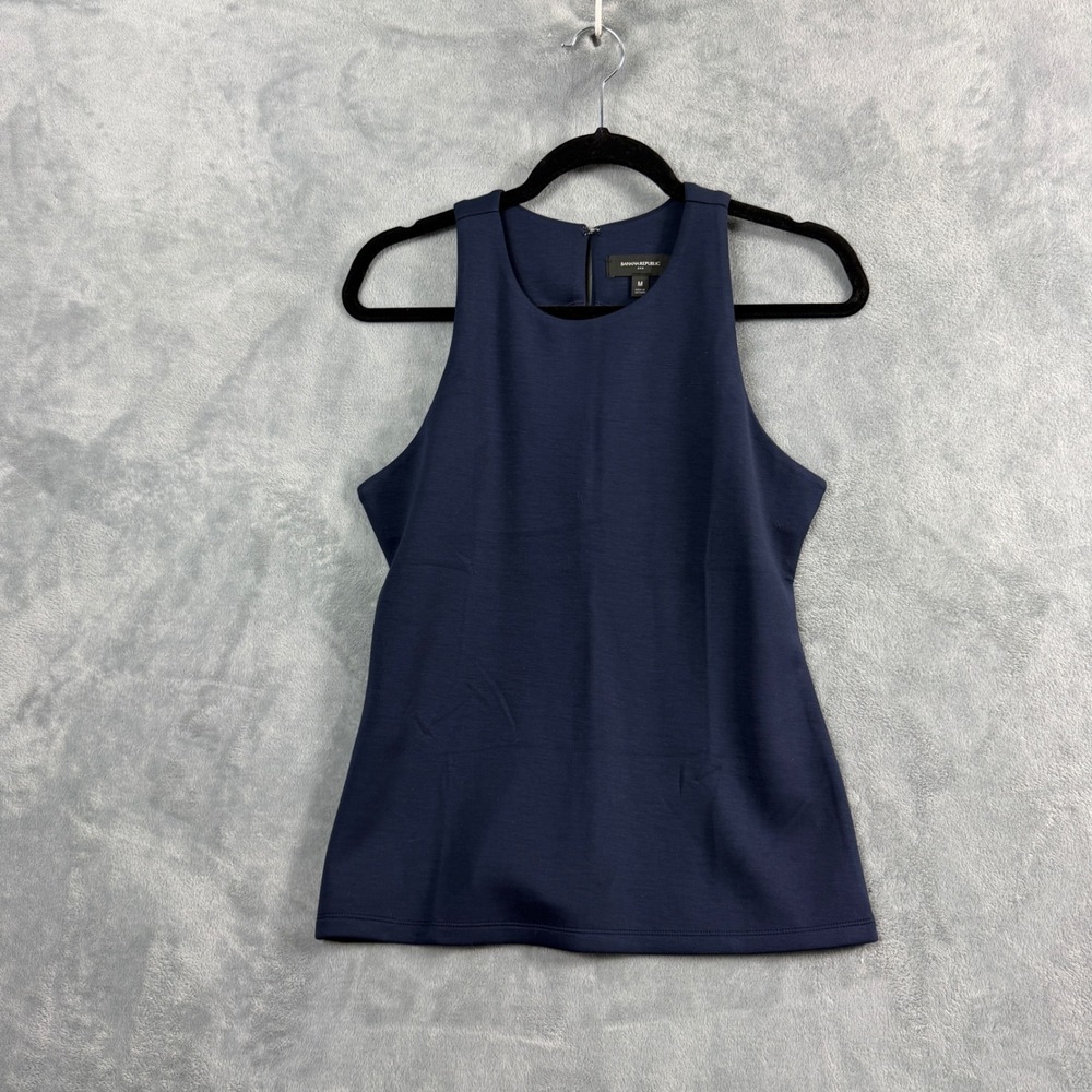 Banana Republic Womens M Navy Sleeveless Top High Neck Ponte Quiet Luxury H7
